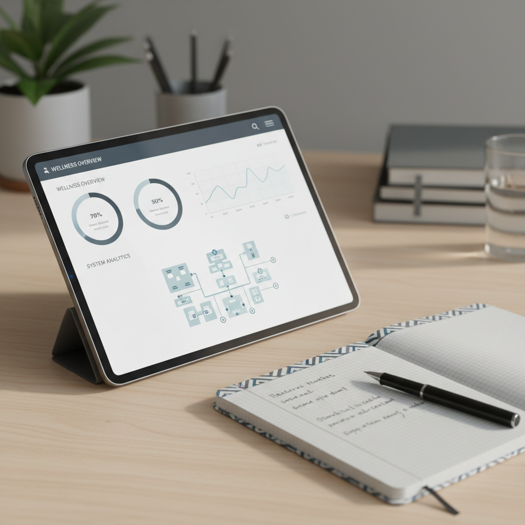 A close-up of a sleek, digital tablet resting on a clean, pale wood desk, displaying a carefully designed healthcare data dashboard. The screen shows neutral-toned charts, subtle blue line graphs, and a simplified hospital system map, all with crisp typography and plenty of white space. Beside the tablet lies a structured notebook with a geometric cover, open to neatly written editorial notes, and a fine-tip pen aligned parallel to the notebook’s edge. Soft studio lighting from the left creates gentle reflections on the tablet glass and delicate shadows along the desktop. Photographed from a slightly elevated angle with shallow depth of field, the background fades into a smooth blur of muted office elements. The mood is focused, precise, and contemporary, emphasizing clear interpretation of complex healthcare information.