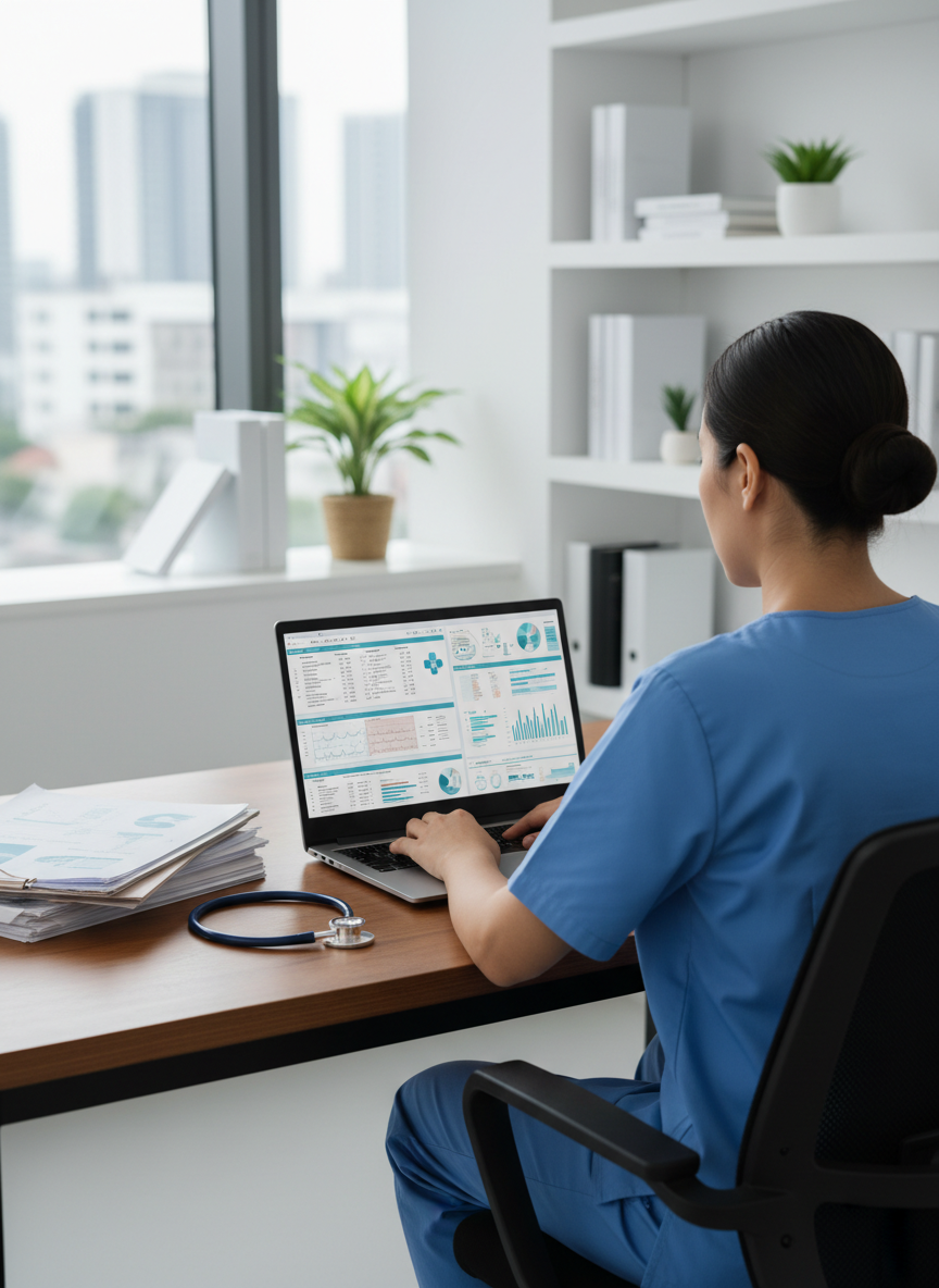 A person wearing healthcare scrubs sits on a chair, working at a desk. The scene is viewed from the back and the desk features medical charts, a stethoscope, and a laptop with health data on the screen, in a modern healthcare setting.