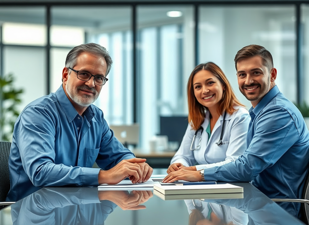 Edit the existing image by removing all stethoscopes while keeping the healthcare editor or writer in a professional office setting, with a neutral medical-themed background.