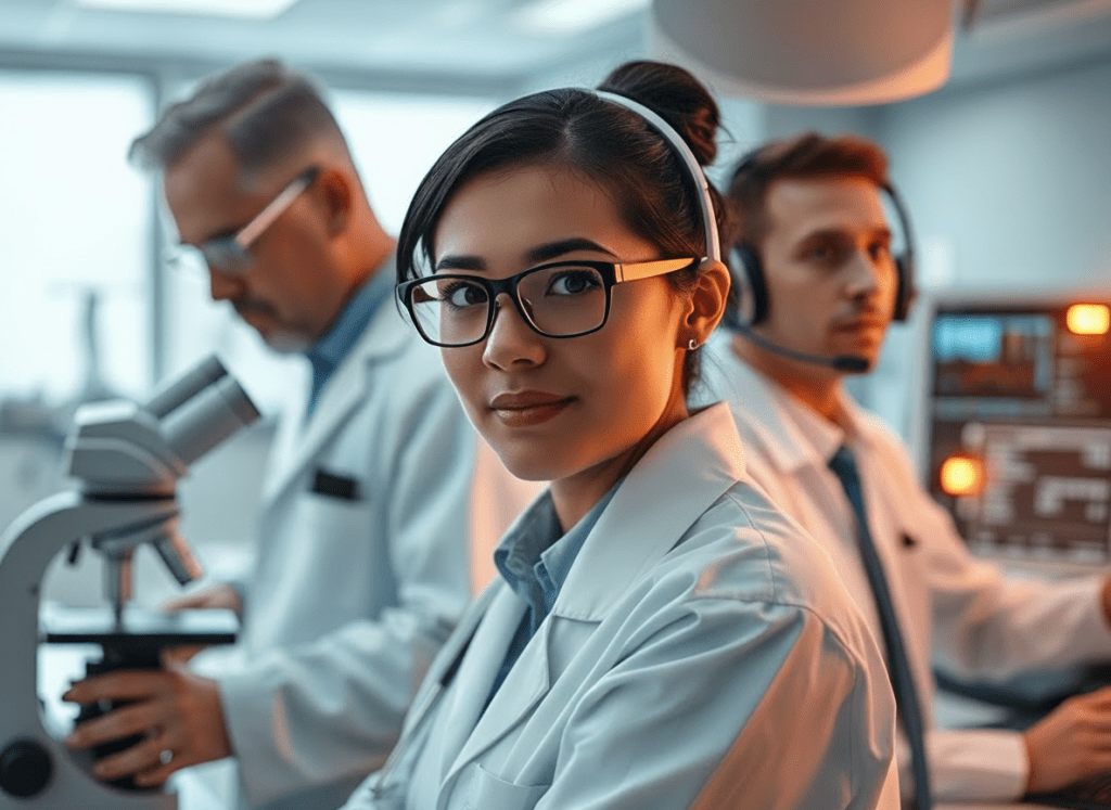 Edit the existing square editorial-style illustration of diverse medical professionals so that the stethoscope is removed while preserving the overall composition, colors, and professional tone.