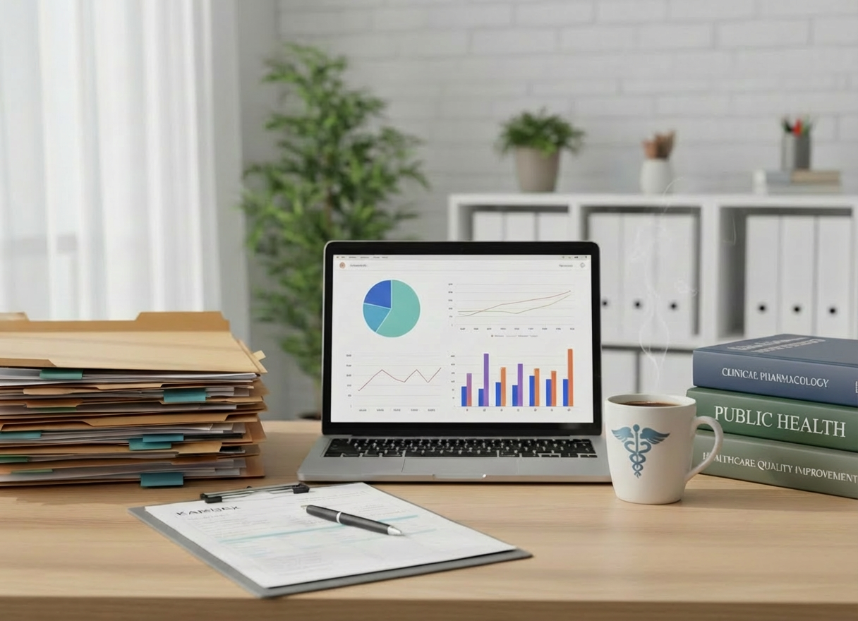 A desk with patient charts, a clipboard with a Kardex, healthcare books, a cup filled with coffee, and a MacBook displaying pie charts, run charts, and bar graphs.